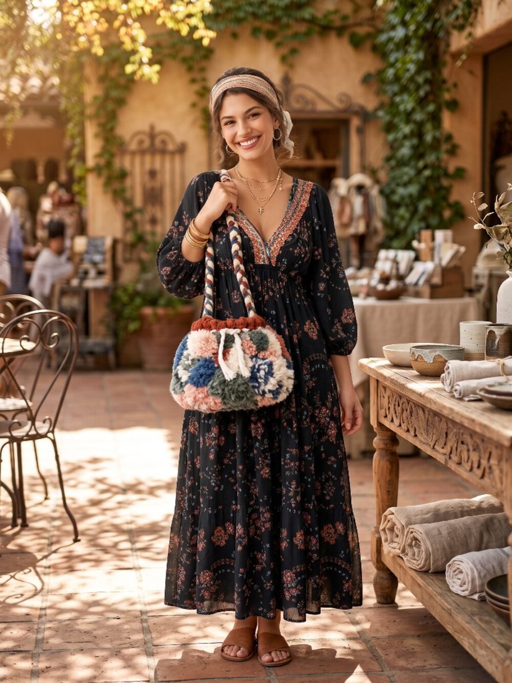 One of a Kind Handmade Boho Pom Pom Shoulder Bag Sustainable Recycled Yarn